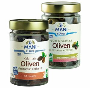Mani, Bio-Oliven, Kalamata- und grüne und Kalamata-Oliven