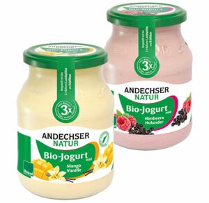 Andechser Natur, Bio-Fruchtjoghurt, Mango-Vanille und Himbeere-Holunder