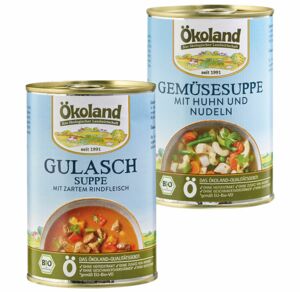 Ökoland, Bio-Suppen, Gulaschsuppe, Gemüsesuppe mit Huhn