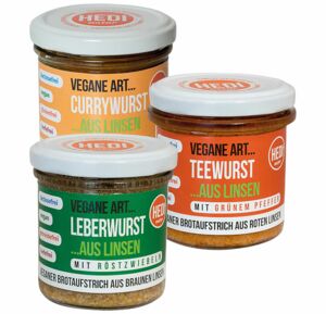 Hedi, Vegane Art ..., Leberwurst-Röstzwiebeln, Teewurst-Pfeffer, Currywurst